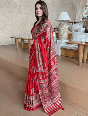 Red ajrak mirrorwork printed modal silk saree 2