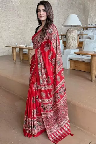 Red ajrak mirrorwork printed modal silk saree