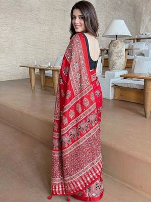 Red ajrak mirrorwork printed modal silk saree 3