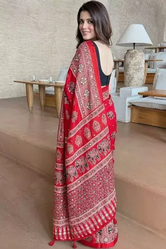 Red ajrak mirrorwork printed modal silk saree