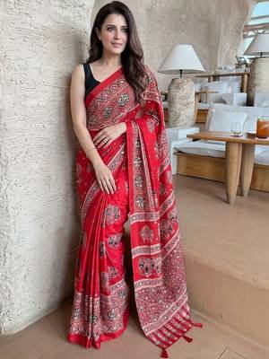 Red ajrak mirrorwork printed modal silk saree 4