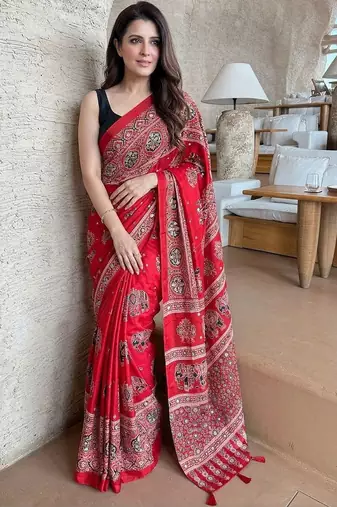 Red ajrak mirrorwork printed modal silk saree