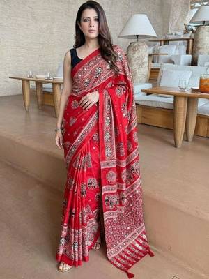 Red ajrak mirrorwork printed modal silk saree 5