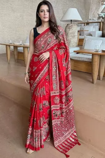 Red ajrak mirrorwork printed modal silk saree