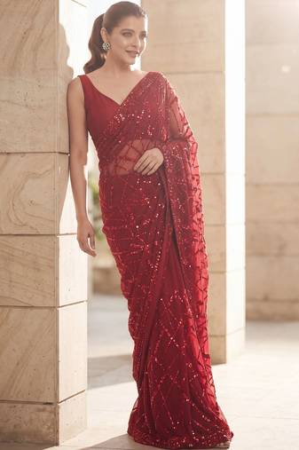 Maroon embellished sequinned  georgette saree