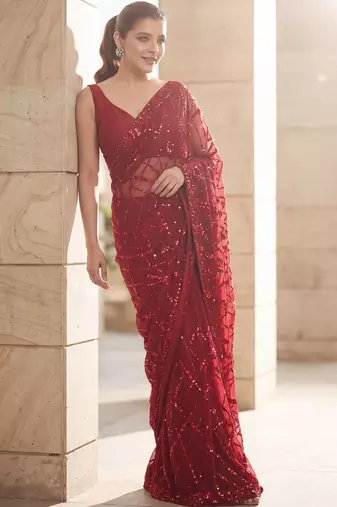 Maroon embellished sequinned  georgette saree