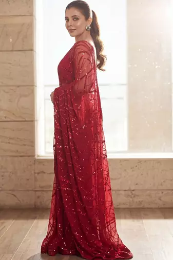 Maroon embellished sequinned  georgette saree