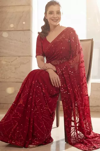 Maroon embellished sequinned  georgette saree