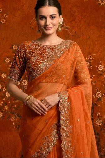 Orange embellished embroidered satin saree