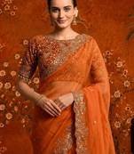 Orange embellished embroidered satin saree