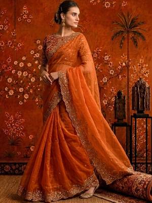 Orange embellished embroidered satin saree 2