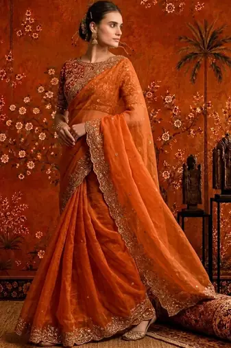 Orange embellished embroidered satin saree