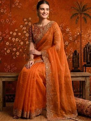Orange embellished embroidered satin saree 3