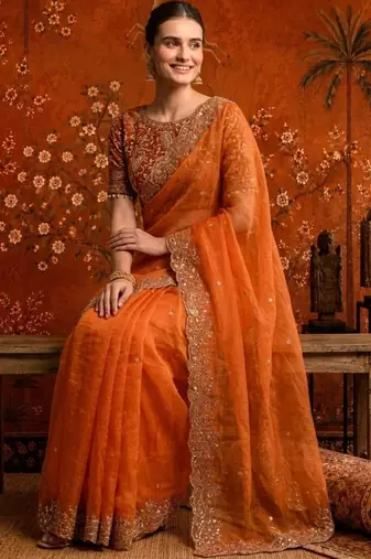 Orange embellished embroidered satin saree