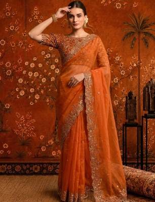 Orange embellished embroidered satin saree 4