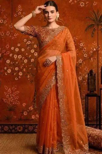 Orange embellished embroidered satin saree