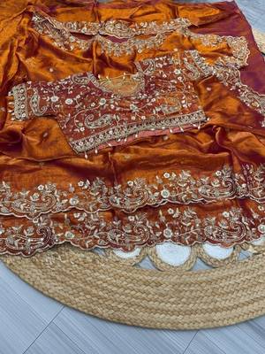 Orange embellished embroidered satin saree 5