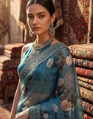 Teal floral embroidered organza designer saree 1