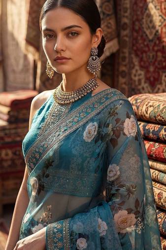 Teal floral embroidered organza designer saree