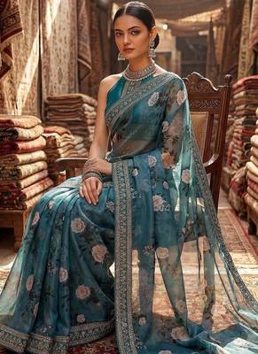 Teal floral embroidered organza designer saree 2
