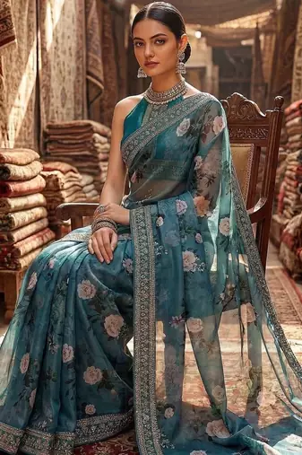 Teal floral embroidered organza designer saree