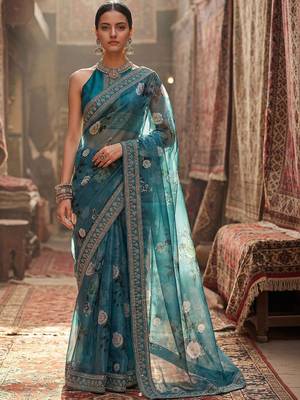 Teal floral embroidered organza designer saree 3