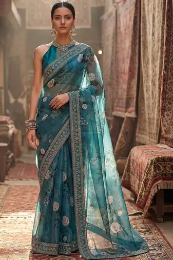 Teal floral embroidered organza designer saree