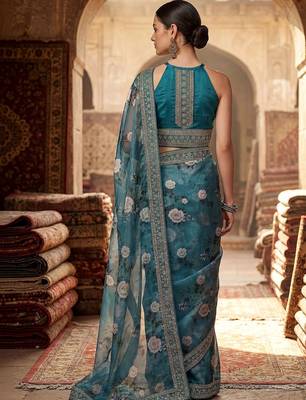 Teal floral embroidered organza designer saree 4