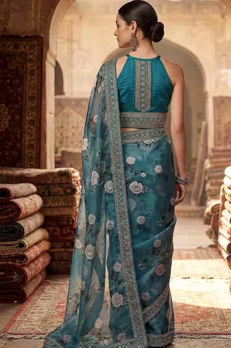Teal floral embroidered organza designer saree
