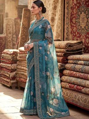 Teal floral embroidered organza designer saree 5