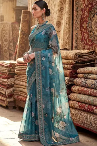 Teal floral embroidered organza designer saree