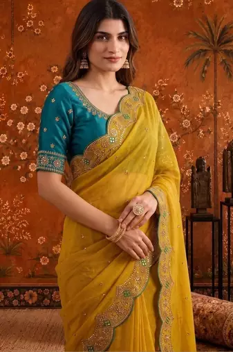 Yellow women embellished embroidered saree