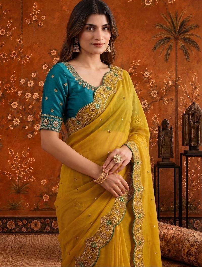 Yellow women embellished embroidered saree