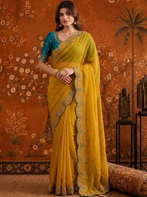 Yellow women embellished embroidered saree 2