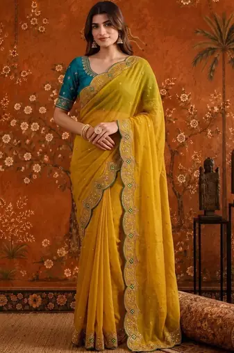 Yellow women embellished embroidered saree