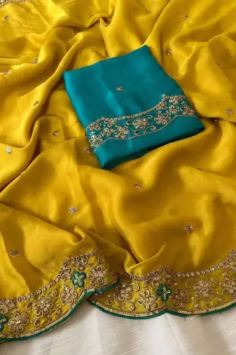 Yellow women embellished embroidered saree