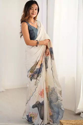 Off white floral  chiffon bagh saree
