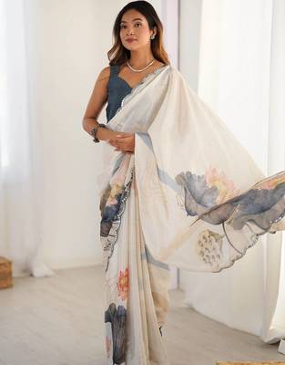 Off white floral  chiffon bagh saree 5