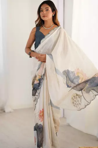 Off white floral  chiffon bagh saree