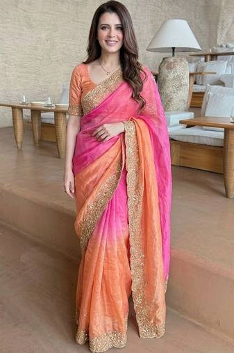 Pink ethnic motifs zari satin heavy work saree