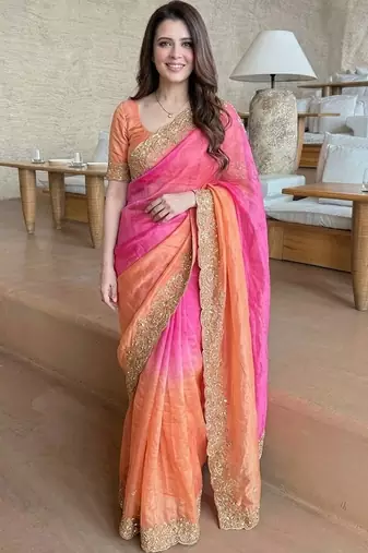 Pink ethnic motifs zari satin heavy work saree
