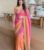 Pink ethnic motifs zari satin heavy work saree