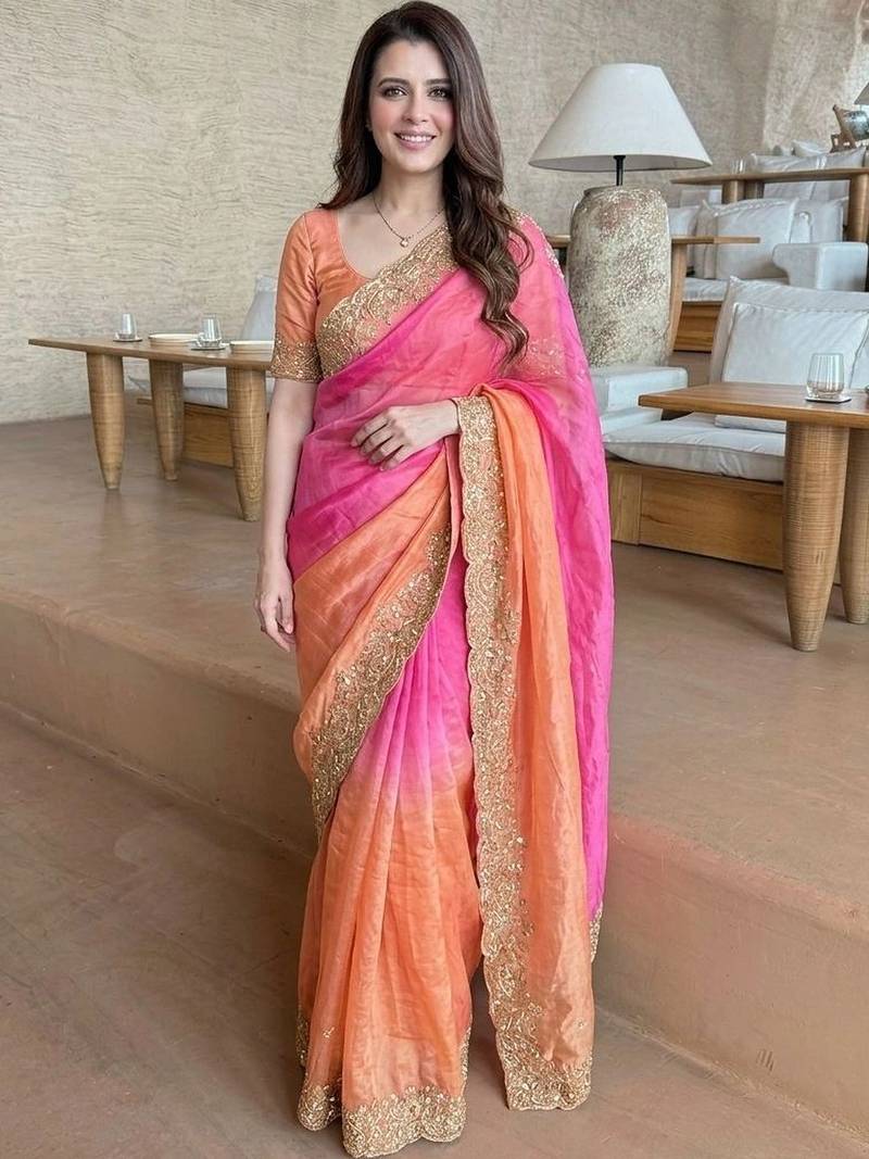 Pink ethnic motifs zari satin heavy work saree