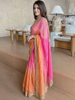 Pink ethnic motifs zari satin heavy work saree 2