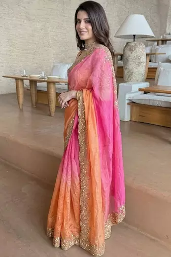 Pink ethnic motifs zari satin heavy work saree