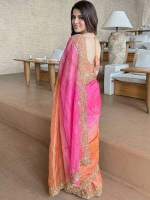 Pink ethnic motifs zari satin heavy work saree 3