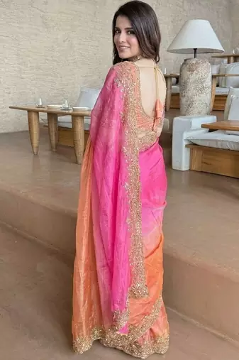 Pink ethnic motifs zari satin heavy work saree