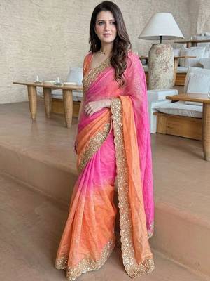 Pink ethnic motifs zari satin heavy work saree 4