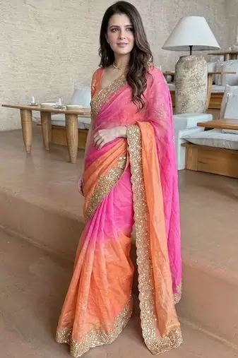 Pink ethnic motifs zari satin heavy work saree