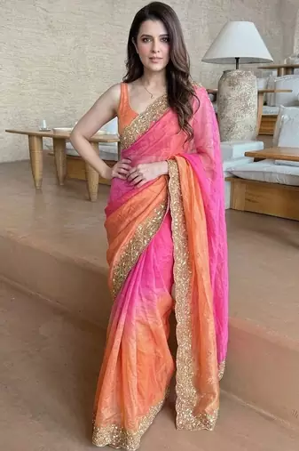 Pink ethnic motifs zari satin heavy work saree